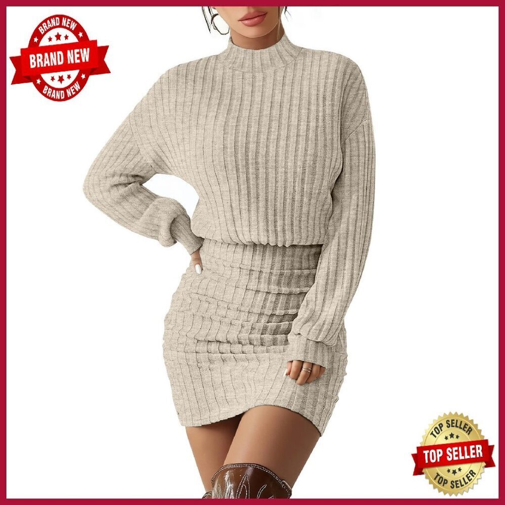 Ribbed Knit Pullover Sweater Dress Long Lantern Sleeves Mock Neck